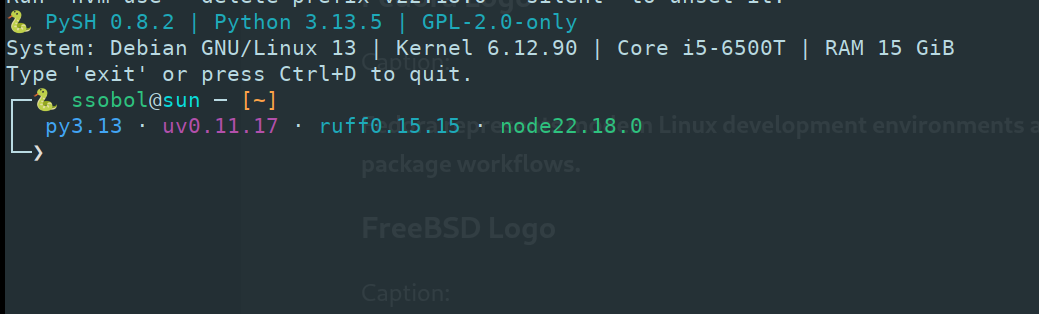 Real PySH prompt showing system info, Python, uv, ruff, Node versions